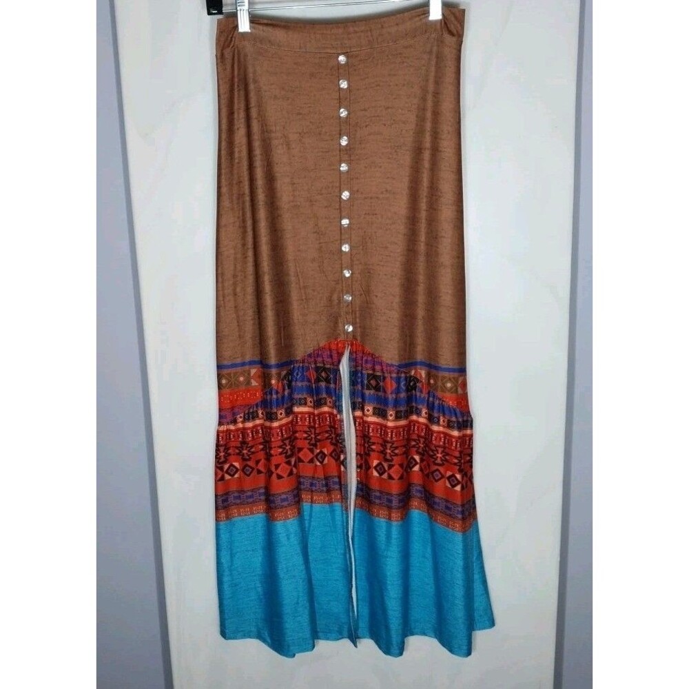 Southwestern Boho Maxi Skirt S Colorblock Elastic Waist Front Slit Festival